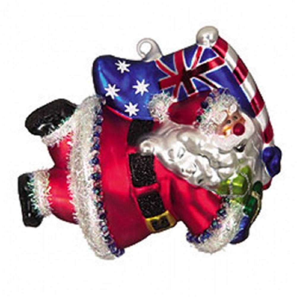 Glass ornament super Santa holding Australian flag 5”